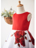 Red Printed Satin Pearl Embellished Knee Length Flower Girl Dress 